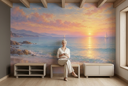 Sunset Over Sea Wallpaper Painted Shoreline Wall Mural