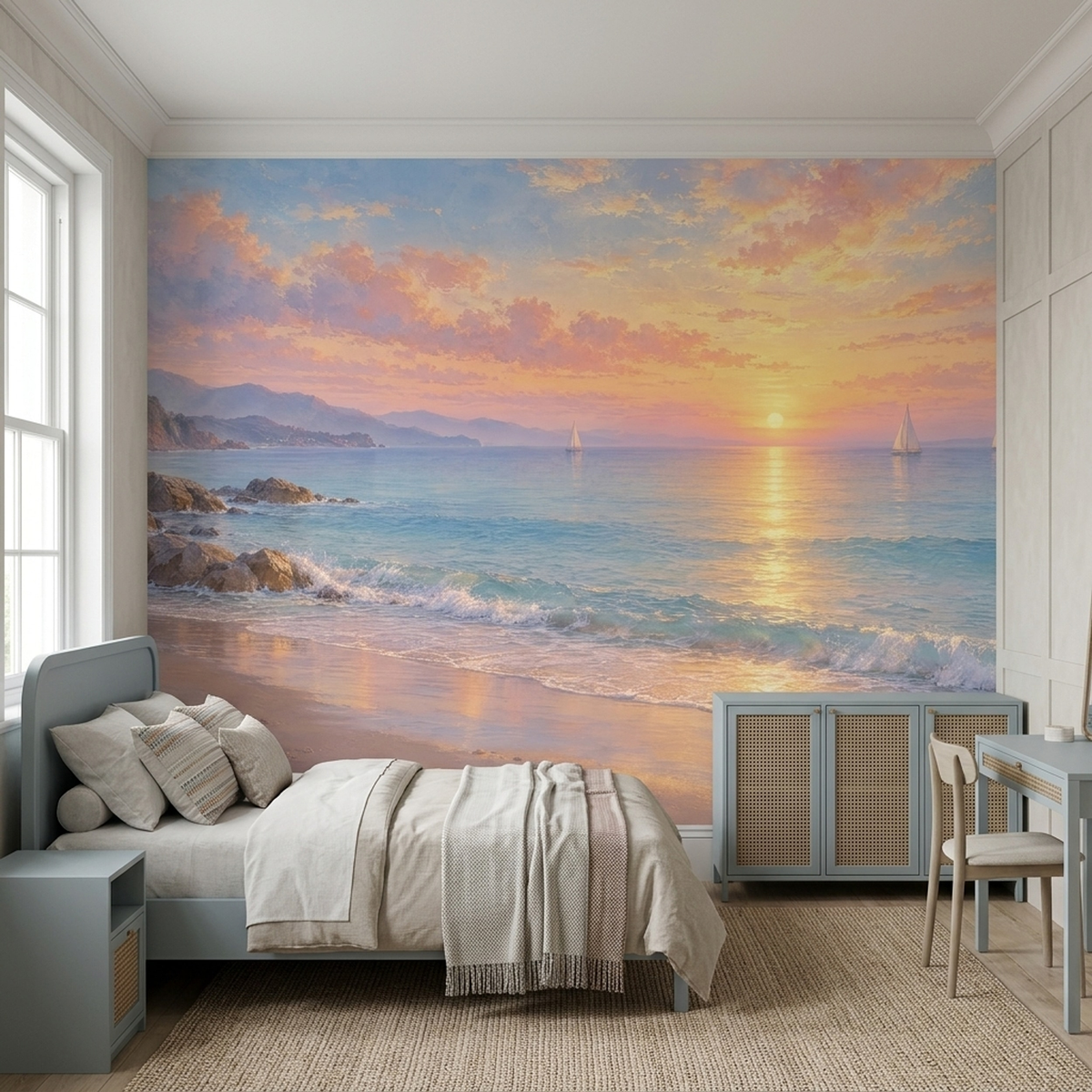 Sunset Over Sea Wallpaper Painted Shoreline Wall Mural