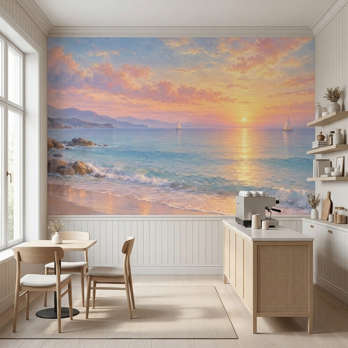 Sunset Over Sea Wallpaper Painted Shoreline Wall Mural
