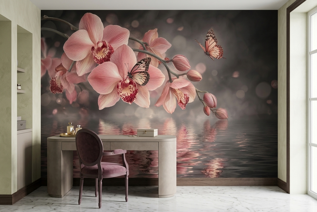 Pink Orchid Wallpaper Misty Water Reflection Wall Mural