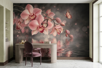 Pink Orchid Wallpaper Misty Water Reflection Wall Mural