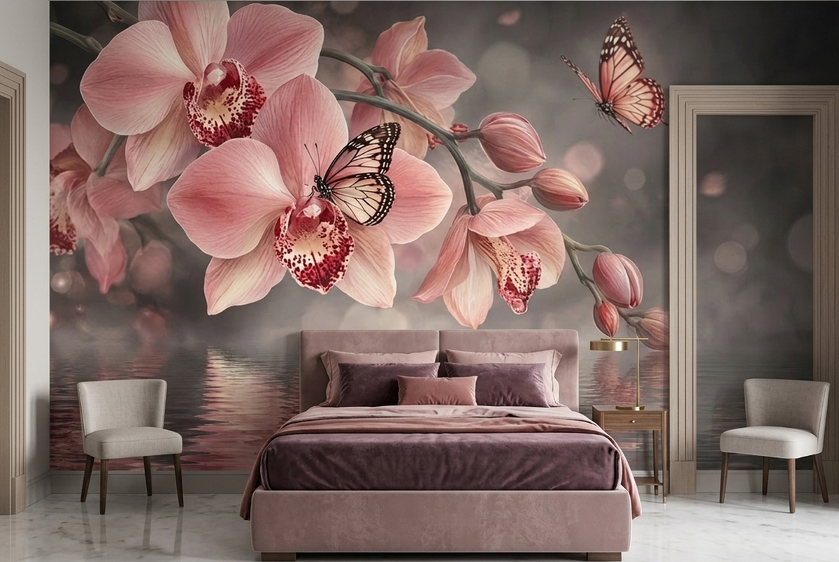 Pink Orchid Wallpaper Misty Water Reflection Wall Mural