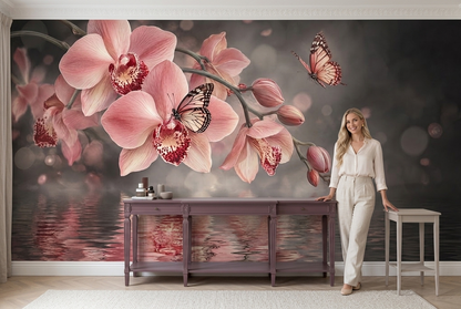 Pink Orchid Wallpaper Misty Water Reflection Wall Mural