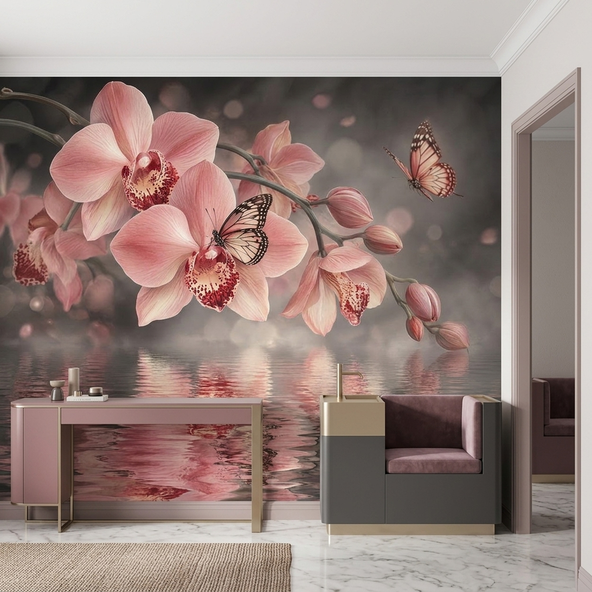 Pink Orchid Wallpaper Misty Water Reflection Wall Mural