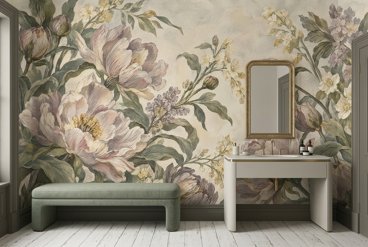 Romantic Peony Floral Wallpaper Cream Background Wall Mural