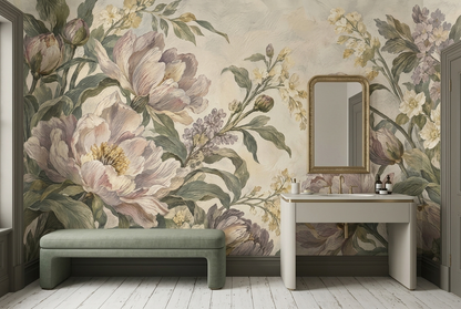 Romantic Peony Floral Wallpaper Cream Background Wall Mural
