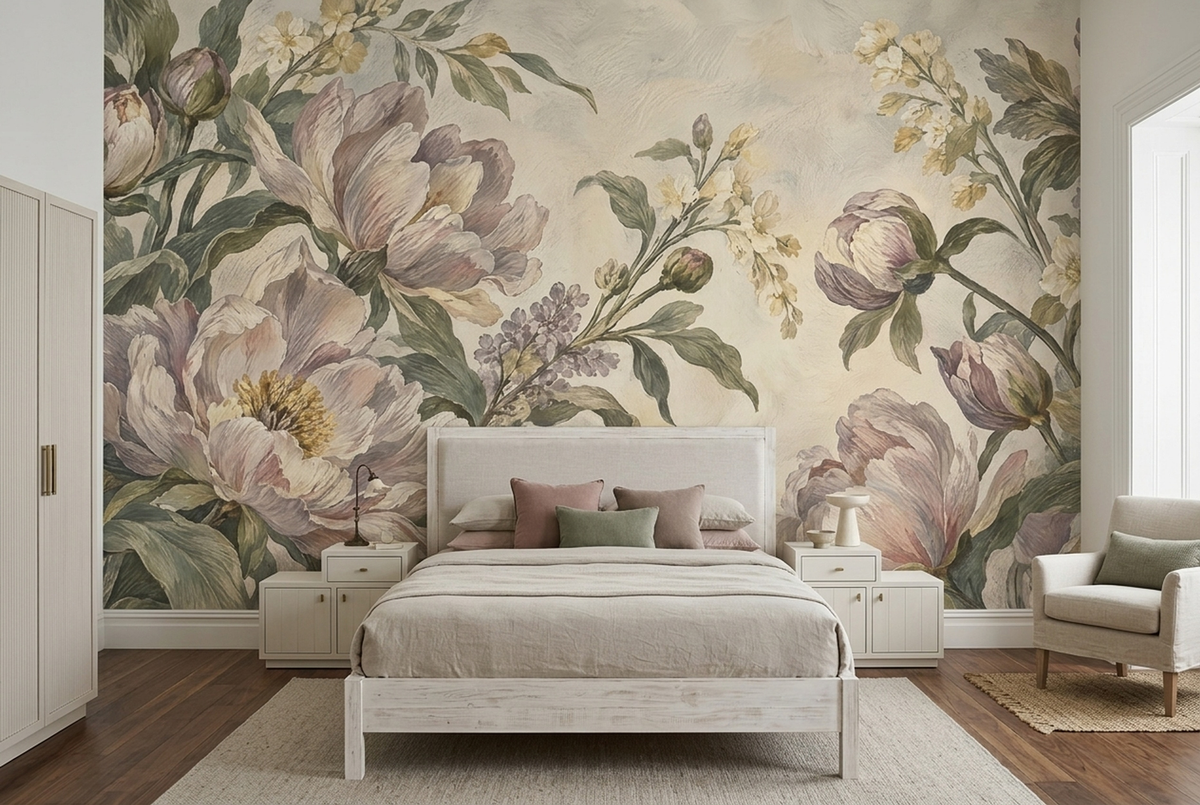 Romantic Peony Floral Wallpaper Cream Background Wall Mural