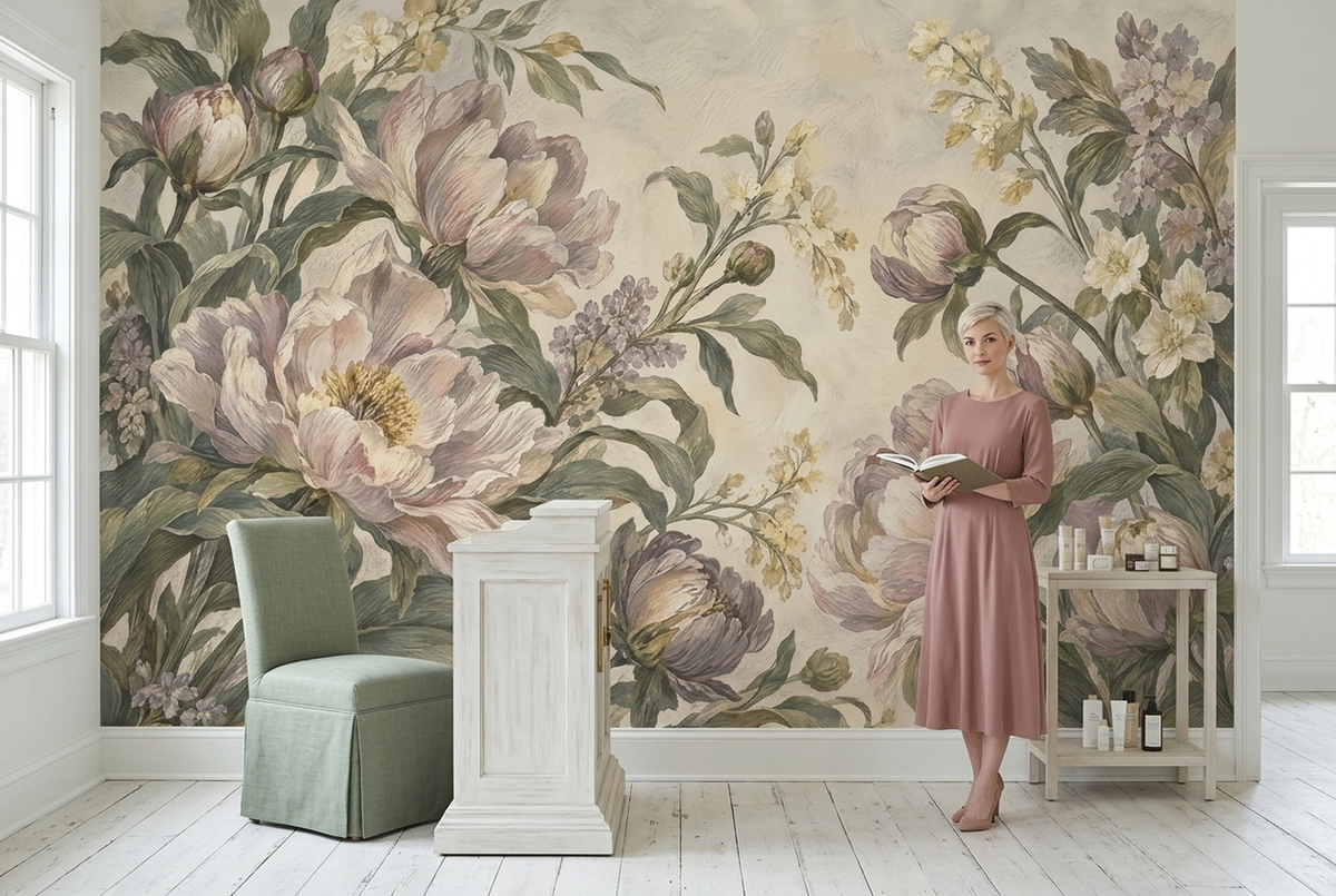 Romantic Peony Floral Wallpaper Cream Background Wall Mural
