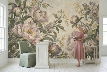 Romantic Peony Floral Wallpaper Cream Background Wall Mural