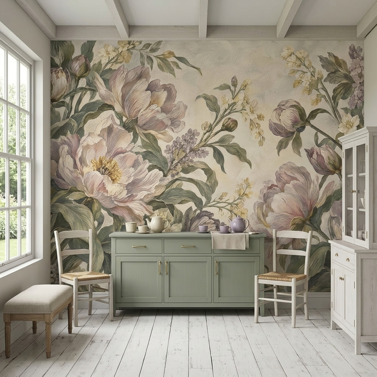 Romantic Peony Floral Wallpaper Cream Background Wall Mural