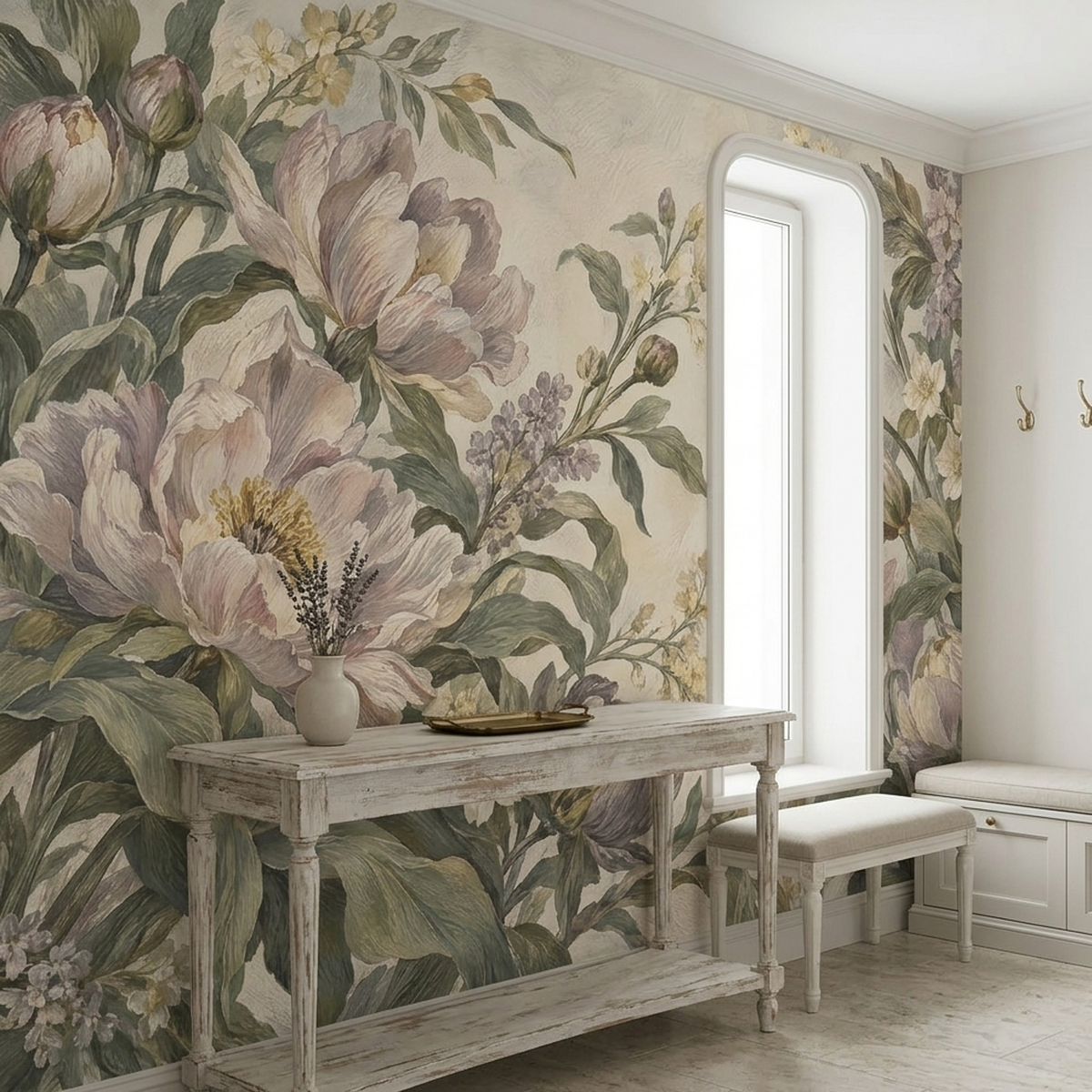 Romantic Peony Floral Wallpaper Cream Background Wall Mural