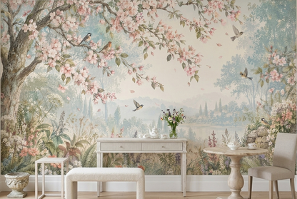 Blossoming Tree With Birds Wallpaper Vintage Pastoral Wall Mural