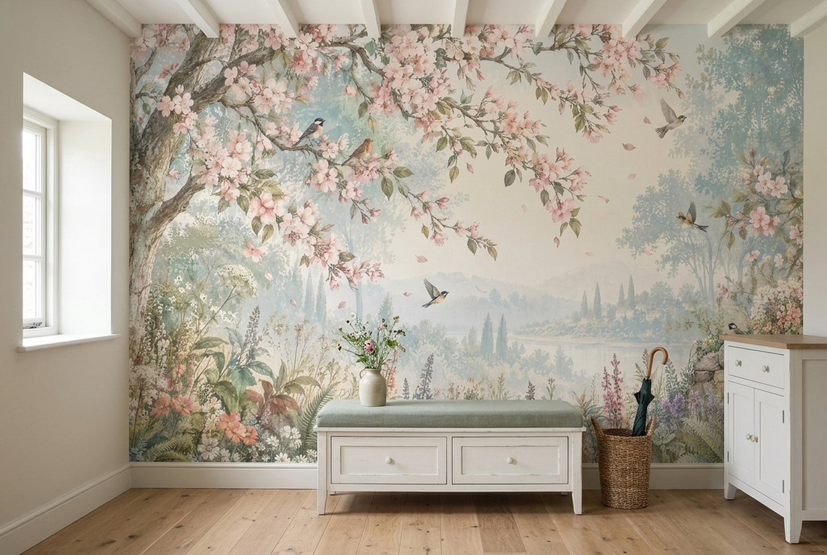 Blossoming Tree With Birds Wallpaper Vintage Pastoral Wall Mural