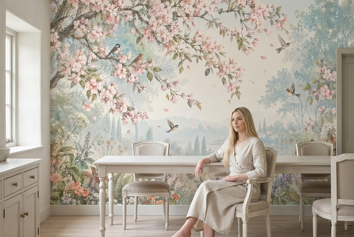 Blossoming Tree With Birds Wallpaper Vintage Pastoral Wall Mural