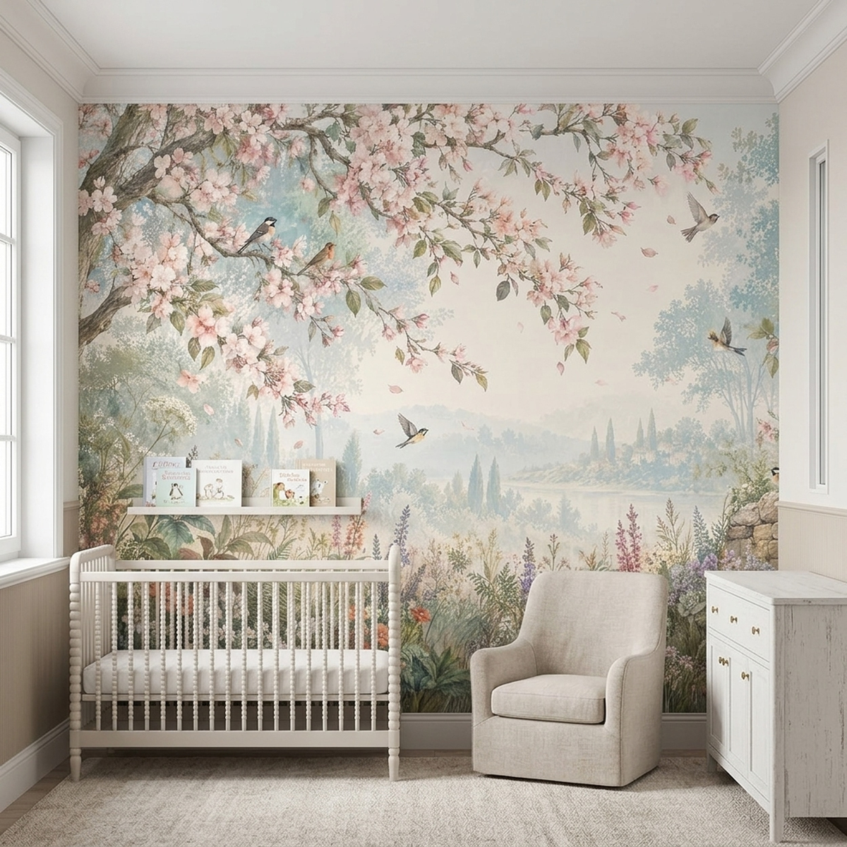 Blossoming Tree With Birds Wallpaper Vintage Pastoral Wall Mural