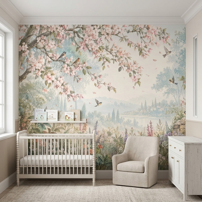 Blossoming Tree With Birds Wallpaper Vintage Pastoral Wall Mural