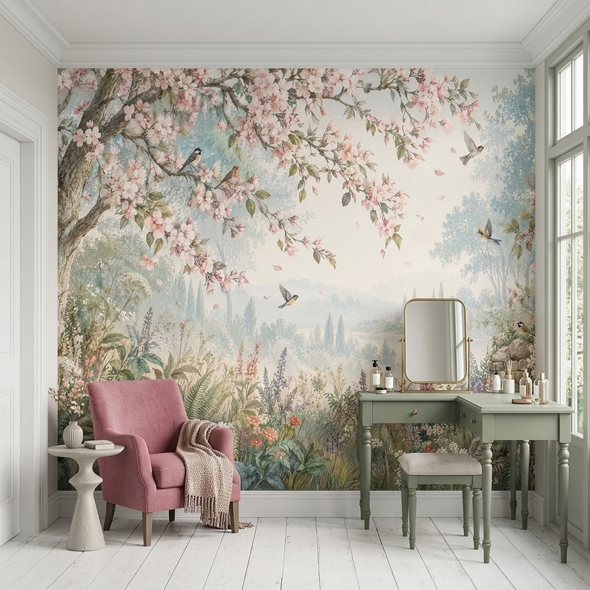 Blossoming Tree With Birds Wallpaper Vintage Pastoral Wall Mural