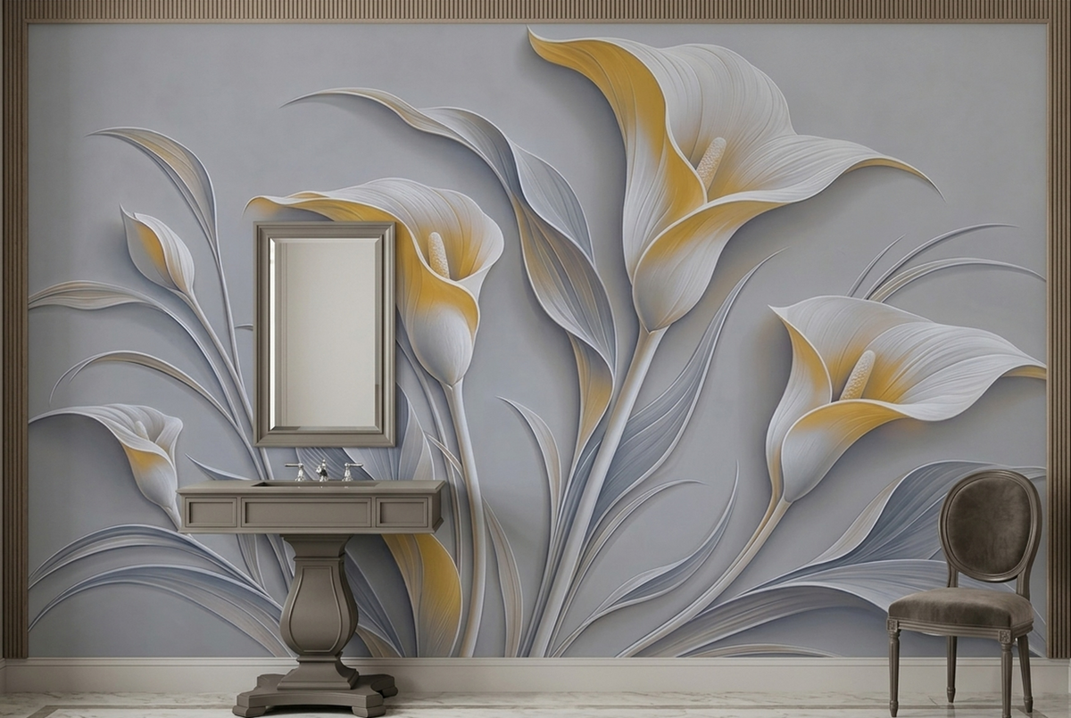 White Gold Calla Lily Wallpaper Modern Relief Wall Mural