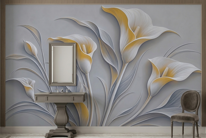 White Gold Calla Lily Wallpaper Modern Relief Wall Mural