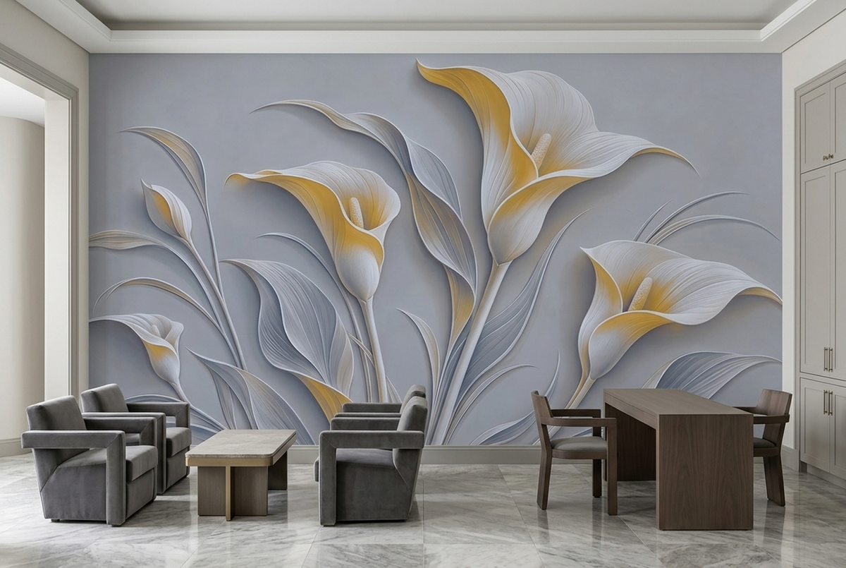 White Gold Calla Lily Wallpaper Modern Relief Wall Mural