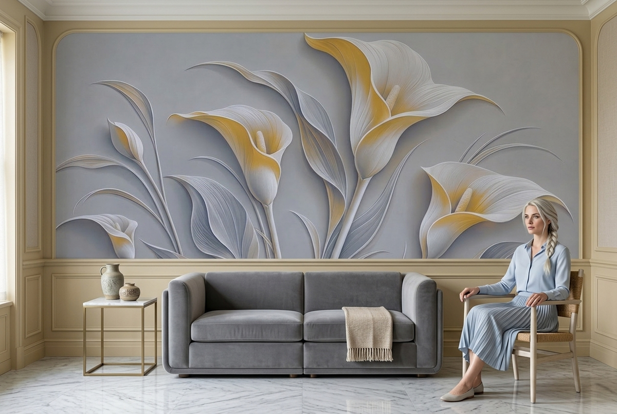White Gold Calla Lily Wallpaper Modern Relief Wall Mural