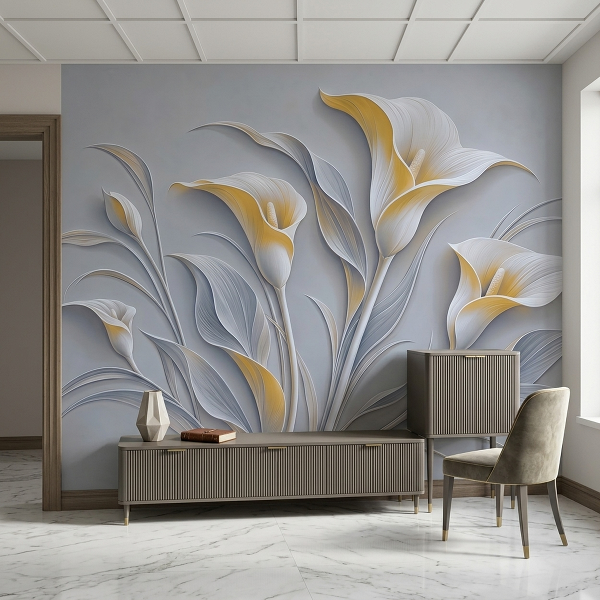 White Gold Calla Lily Wallpaper Modern Relief Wall Mural