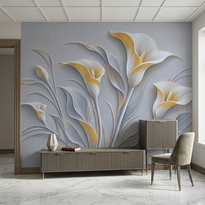 White Gold Calla Lily Wallpaper Modern Relief Wall Mural