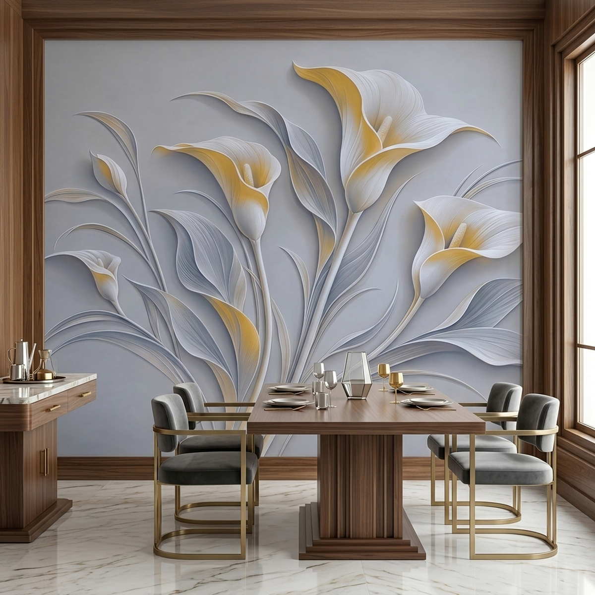 White Gold Calla Lily Wallpaper Modern Relief Wall Mural