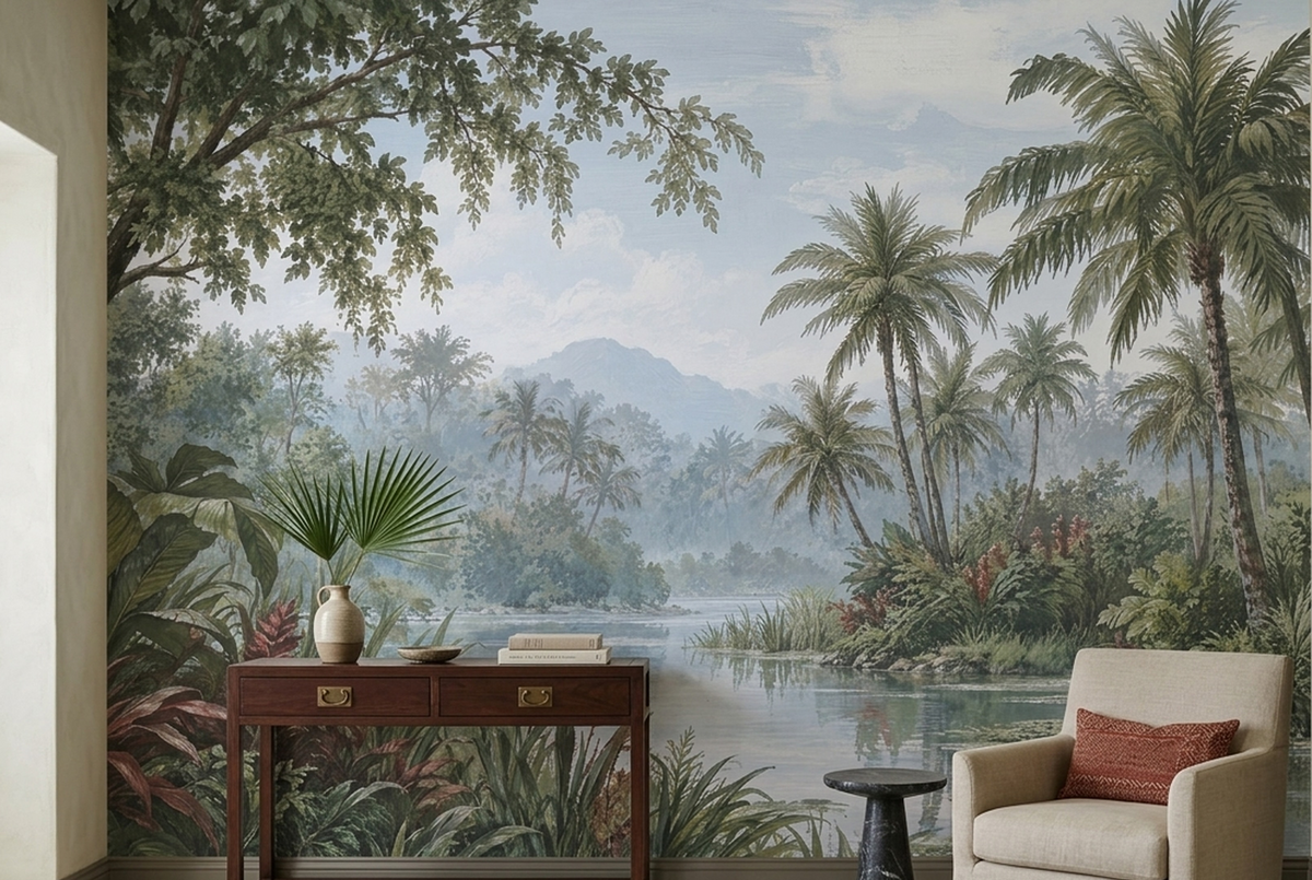 Misty Tropical River Wallpaper Botanical Landscape Wall Mural