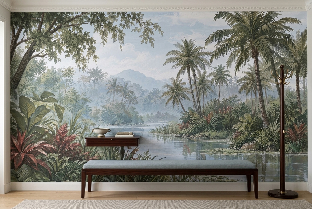 Misty Tropical River Wallpaper Botanical Landscape Wall Mural