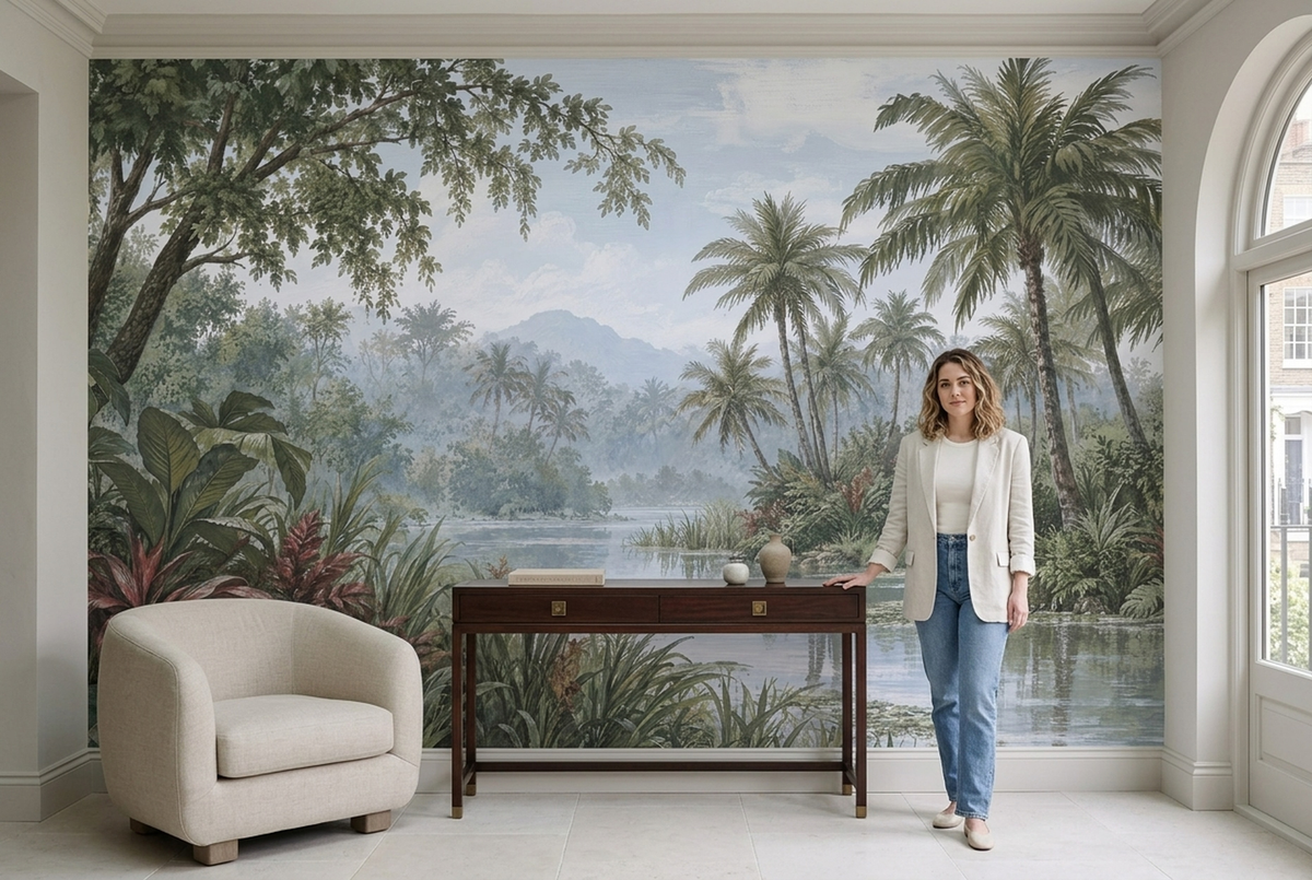Misty Tropical River Wallpaper Botanical Landscape Wall Mural