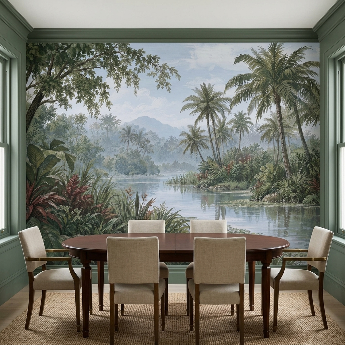 Misty Tropical River Wallpaper Botanical Landscape Wall Mural