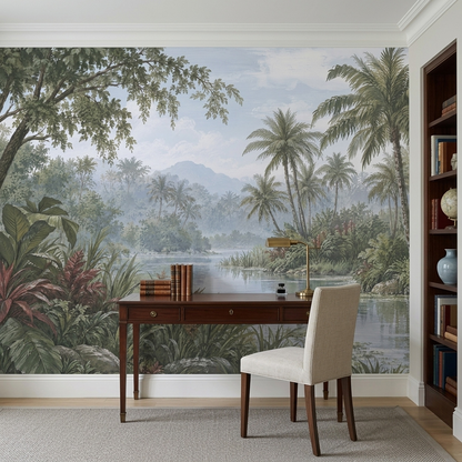 Misty Tropical River Wallpaper Botanical Landscape Wall Mural