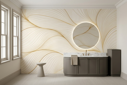 Flowing Gold Linework Wallpaper Neutral Luxury Wall Mural