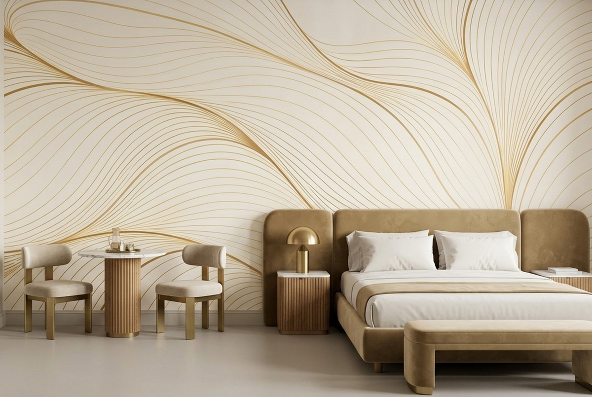 Flowing Gold Linework Wallpaper Neutral Luxury Wall Mural