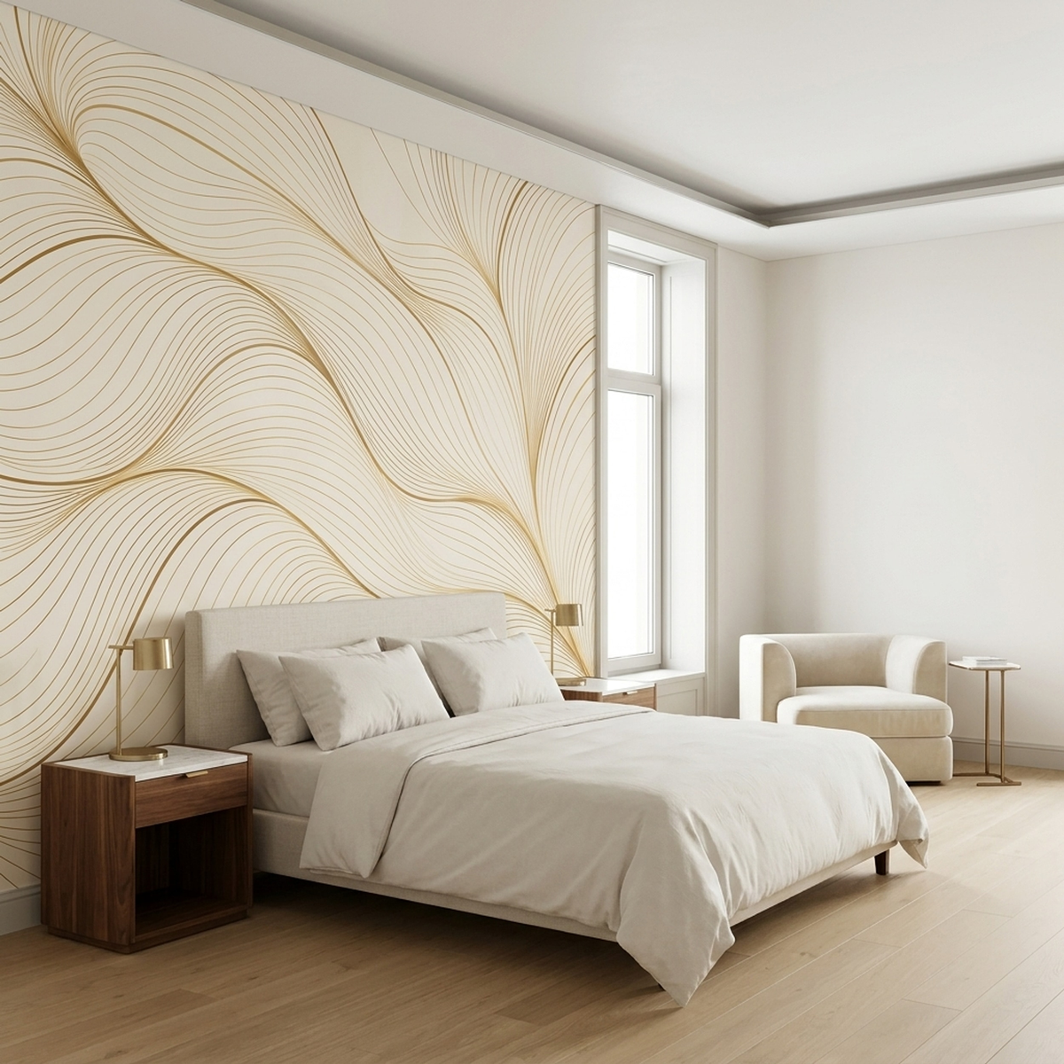 Flowing Gold Linework Wallpaper Neutral Luxury Wall Mural