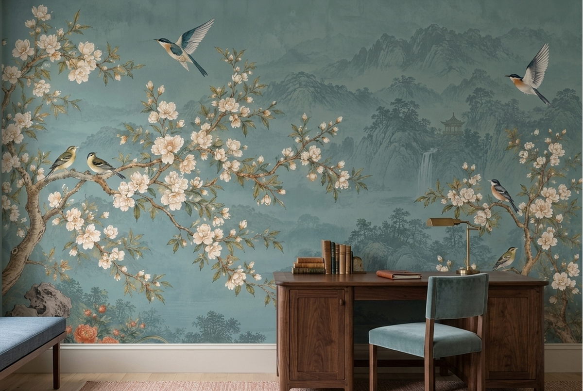 Blossoming Branches Wallpaper Eastern Landscape Pavilion Wall Mural