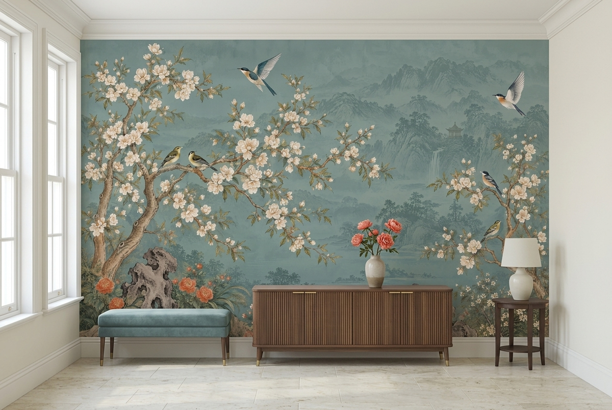 Blossoming Branches Wallpaper Eastern Landscape Pavilion Wall Mural