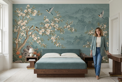 Blossoming Branches Wallpaper Eastern Landscape Pavilion Wall Mural