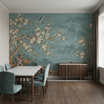 Blossoming Branches Wallpaper Eastern Landscape Pavilion Wall Mural