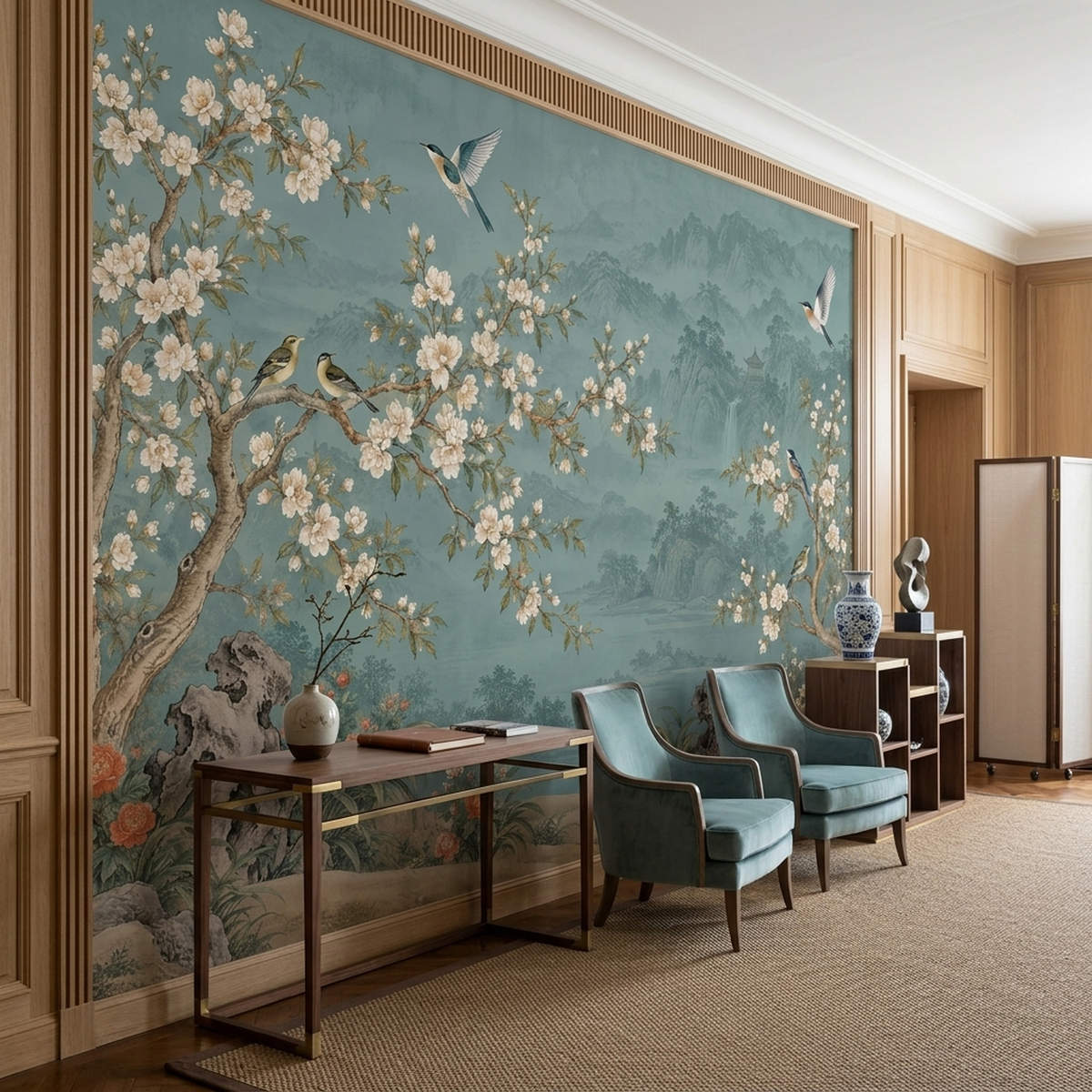 Blossoming Branches Wallpaper Eastern Landscape Pavilion Wall Mural