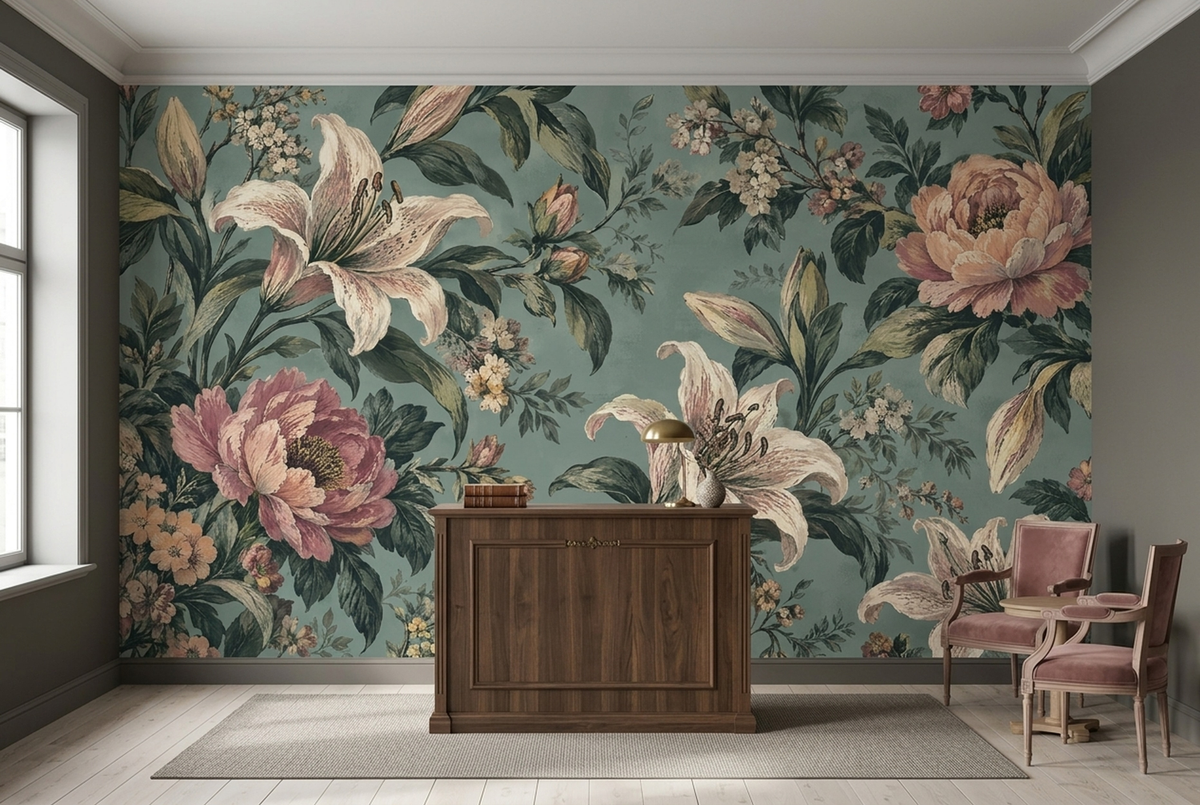 Large Lilies And Peonies Wallpaper Vintage Botanical Wall Mural