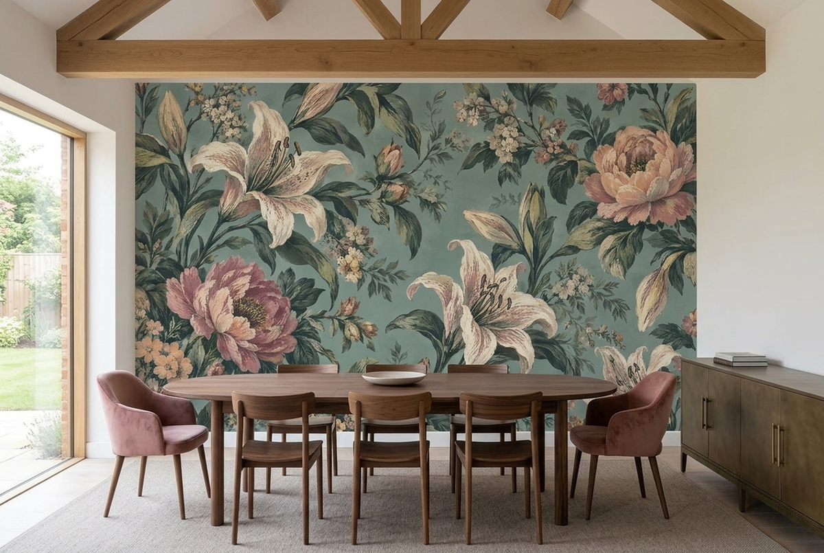 Large Lilies And Peonies Wallpaper Vintage Botanical Wall Mural