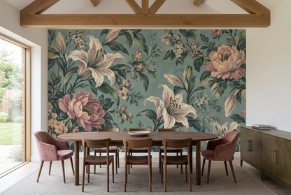 Large Lilies And Peonies Wallpaper Vintage Botanical Wall Mural
