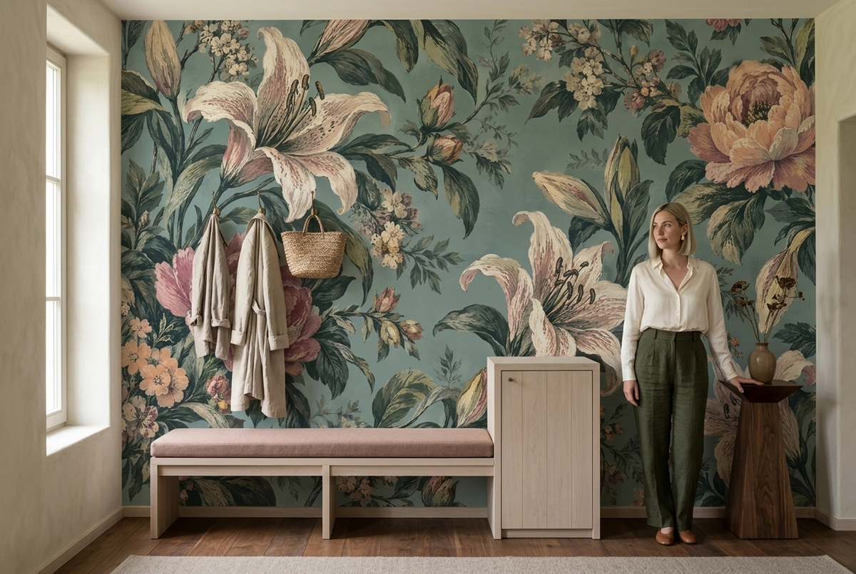 Large Lilies And Peonies Wallpaper Vintage Botanical Wall Mural