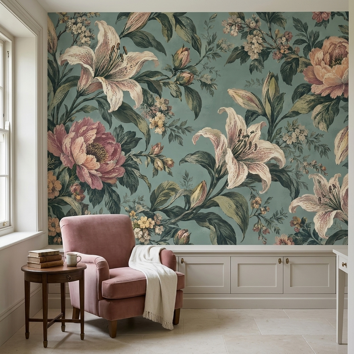 Large Lilies And Peonies Wallpaper Vintage Botanical Wall Mural