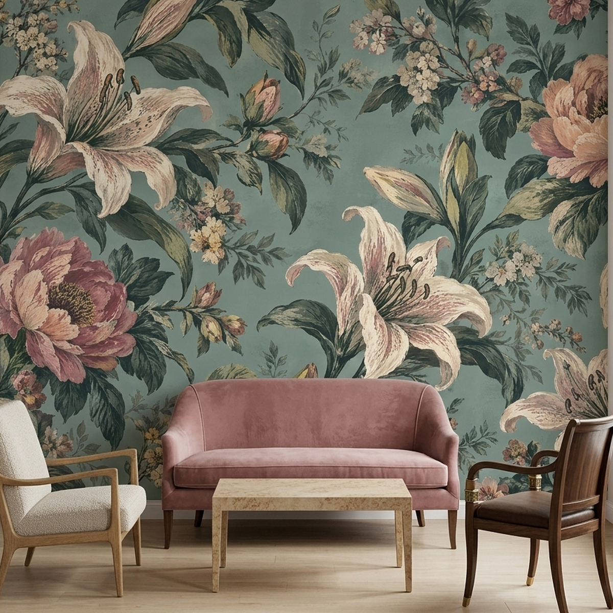Large Lilies And Peonies Wallpaper Vintage Botanical Wall Mural