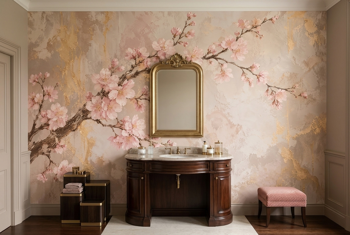 Cherry Blossom Branch Wallpaper Textured Plaster Wall Mural