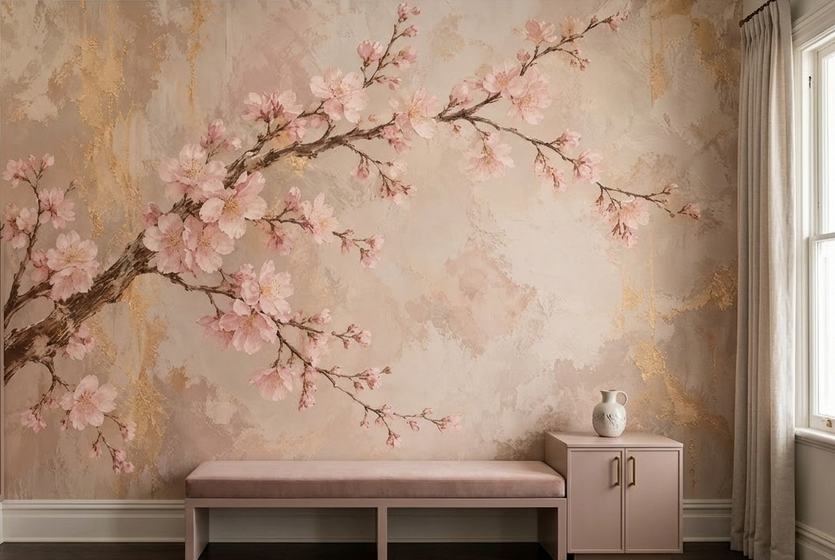 Cherry Blossom Branch Wallpaper Textured Plaster Wall Mural