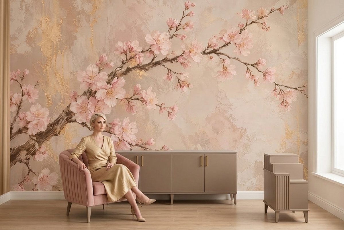 Cherry Blossom Branch Wallpaper Textured Plaster Wall Mural